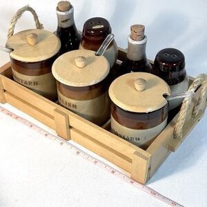 Vintage Table top relish condiments set with wooden caddy by Le Gran imports